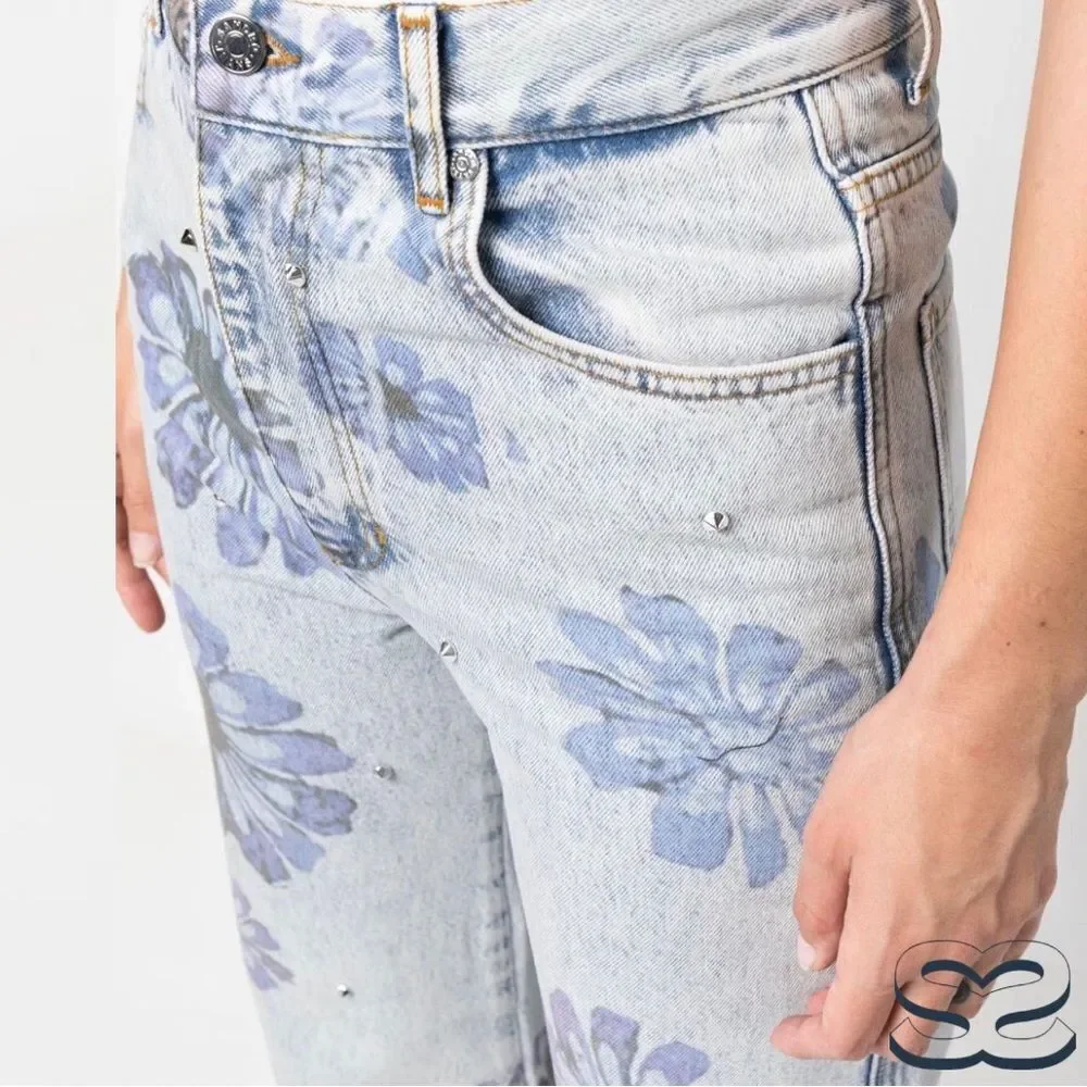 Sandro **NWT** Blossom Floral Print Rhinestone Straight Jeans in Blue Je… - Picture 11 of 15